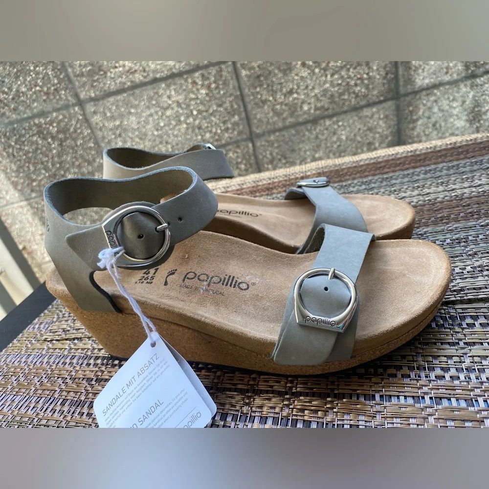 Papillio Light Gray Suede Buckle Ankle-Strap Sandals